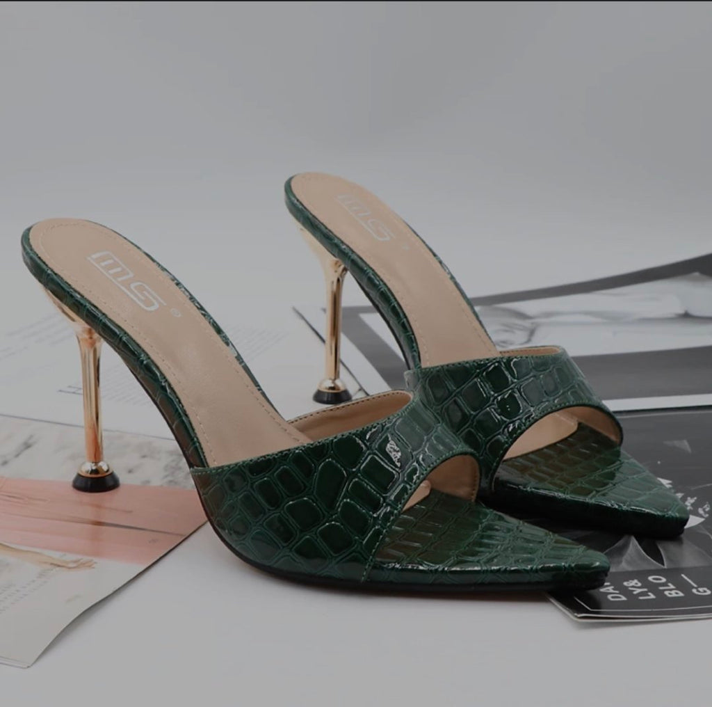 Emerald Croc Stiletto Mules - front view