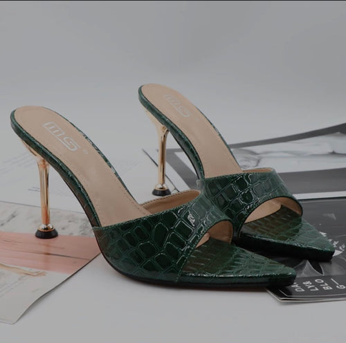 Emerald Croc Stiletto Mules - front view
