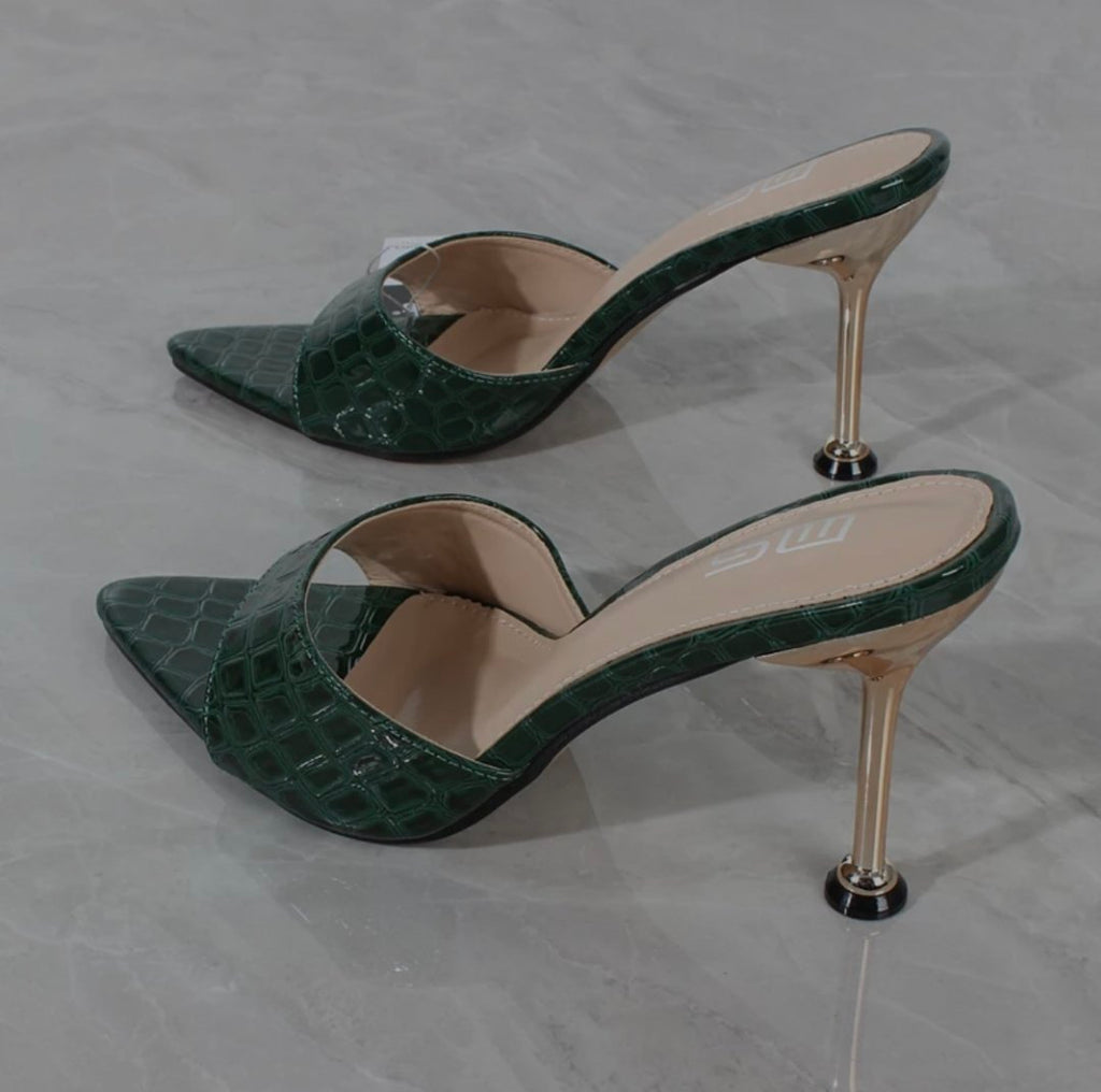 Emerald Croc Stiletto Mules - side view