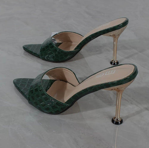 Emerald Croc Stiletto Mules - side view